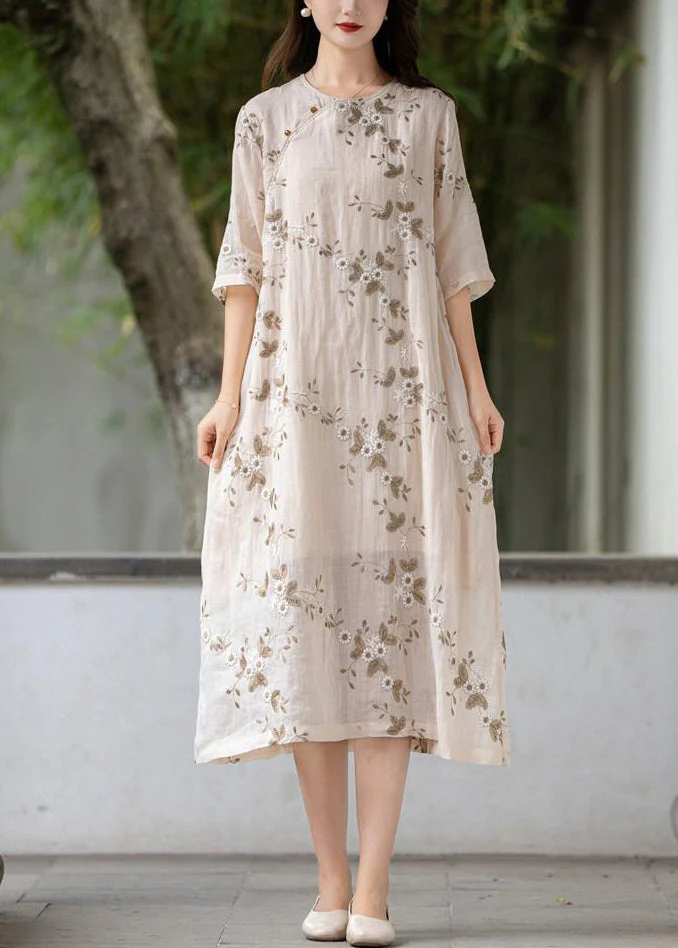 Apricot Button Linen Long Dress O Neck Half Sleeve - Image 2