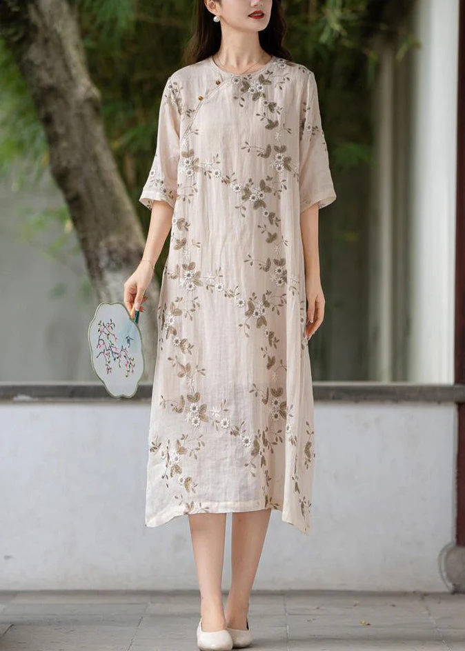 Apricot Button Linen Long Dress O Neck Half Sleeve - Image 3