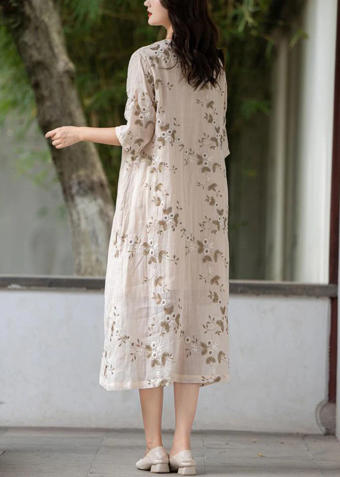 Apricot Button Linen Long Dress O Neck Half Sleeve - Image 4