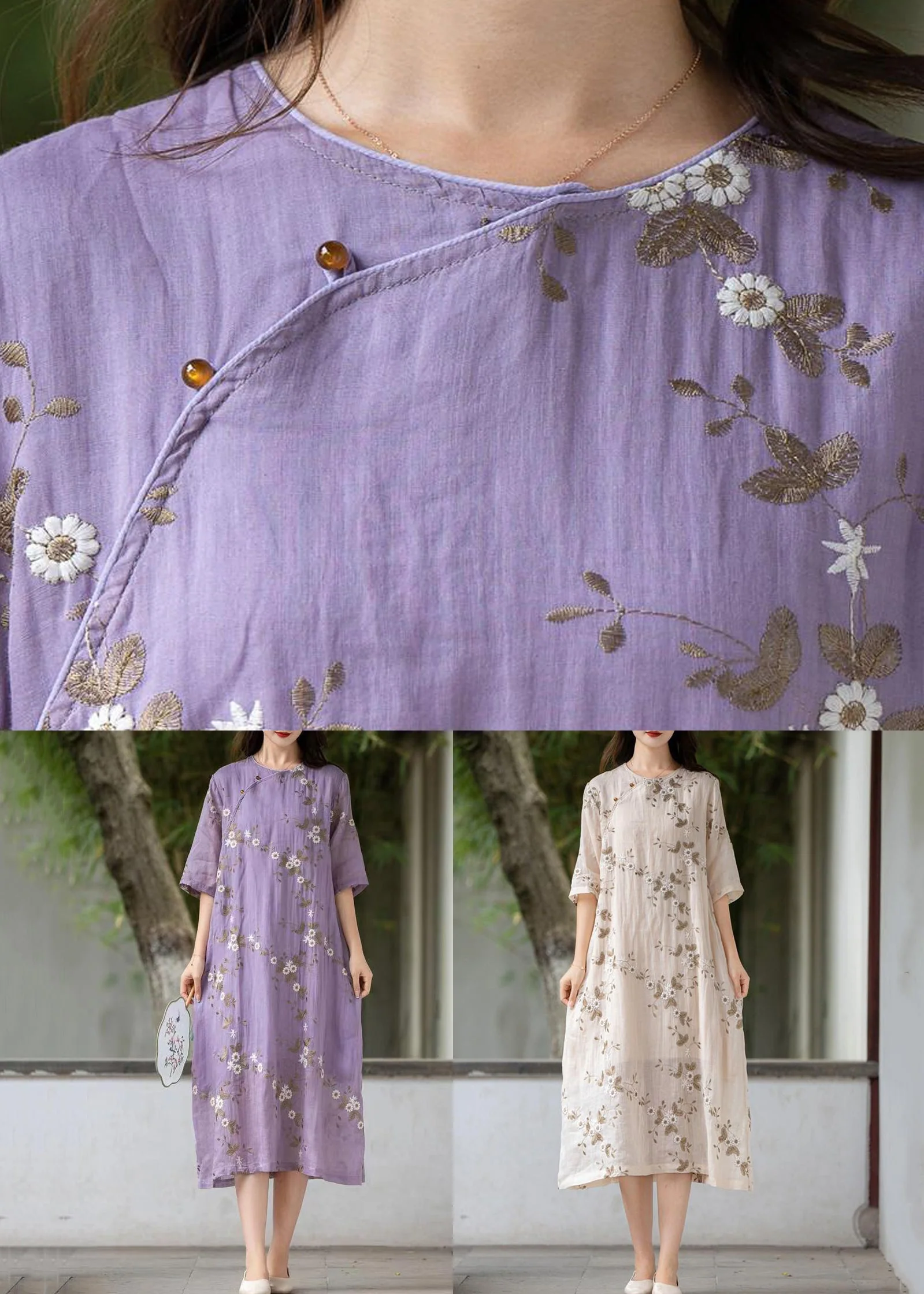 Apricot Button Linen Long Dress O Neck Half Sleeve - Image 5