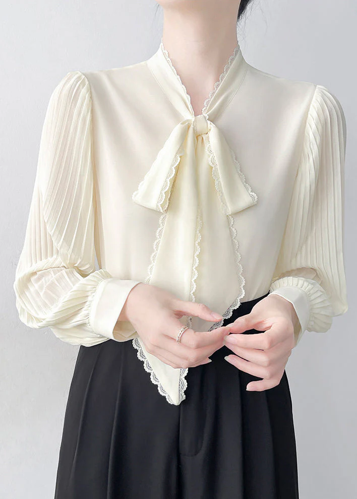 Apricot Draping Chiffon Blouses Bow Wrinkled Spring - Image 3