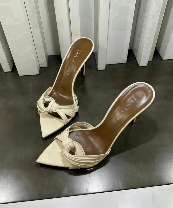 Apricot Faux Leather High Heel Slide Sandals Pointed Toe Peep Toe - Image 2