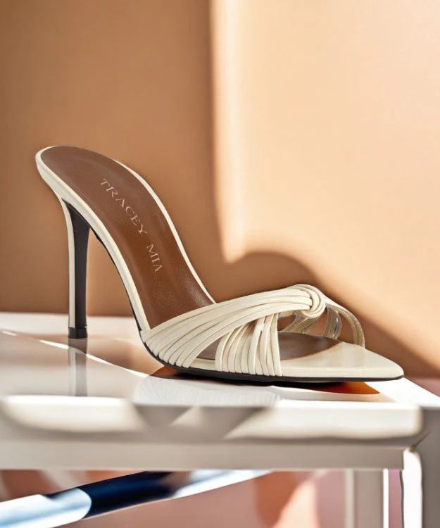 Apricot Faux Leather High Heel Slide Sandals Pointed Toe Peep Toe - Image 3