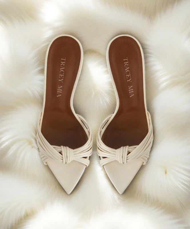 Apricot Faux Leather High Heel Slide Sandals Pointed Toe Peep Toe - Image 4