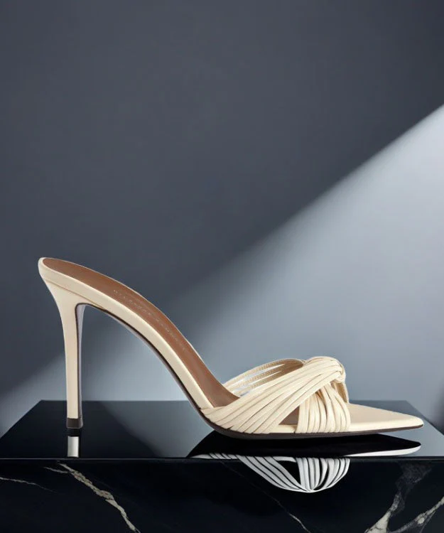 Apricot Faux Leather High Heel Slide Sandals Pointed Toe Peep Toe - Image 5