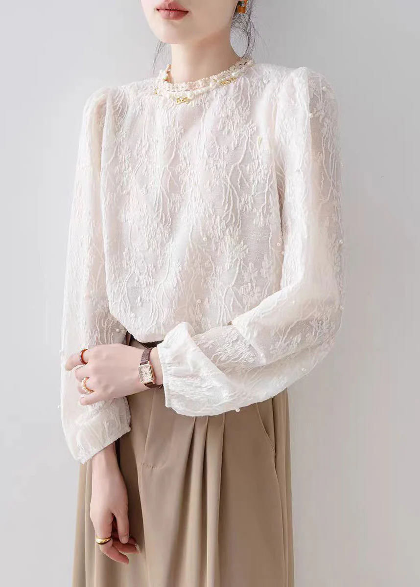 Apricot Jacquard Chiffon Shirt Tops Nail Bead Spring - Image 3