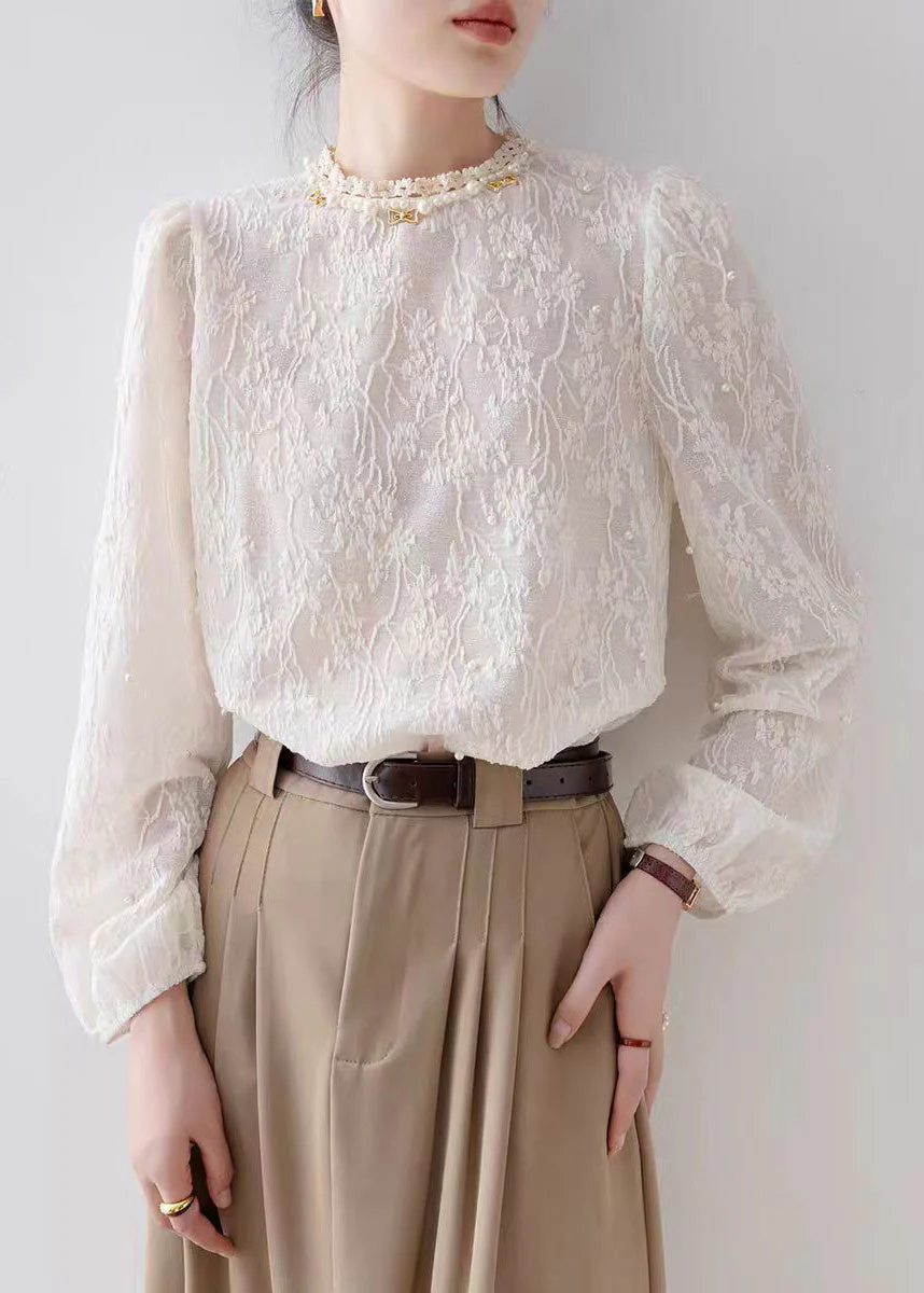 Apricot Jacquard Chiffon Shirt Tops Nail Bead Spring - Image 4