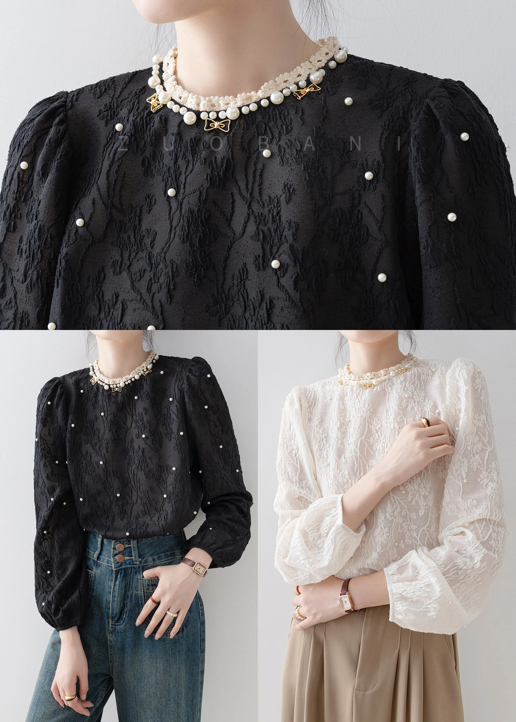 Apricot Jacquard Chiffon Shirt Tops Nail Bead Spring - Image 5
