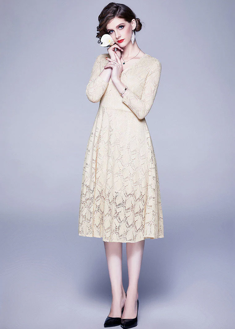 Apricot Lace Cinch Dresses Zip Up Solid Color Bracelet Sleeve - Image 2