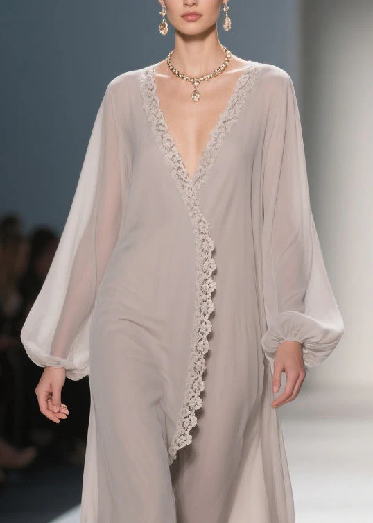 Apricot Lace Solid Chiffon Maxi Dresses V Neck - Image 2