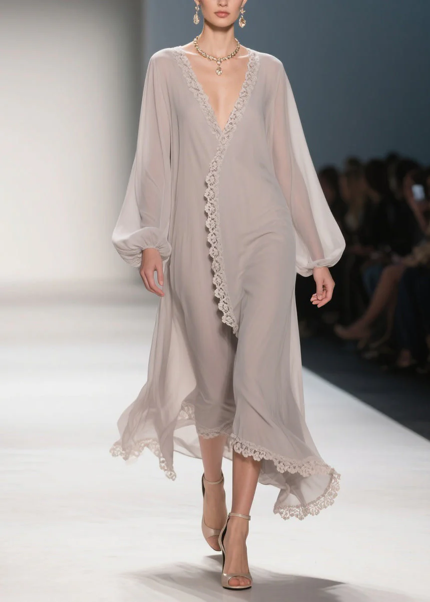 Apricot Lace Solid Chiffon Maxi Dresses V Neck - Image 3
