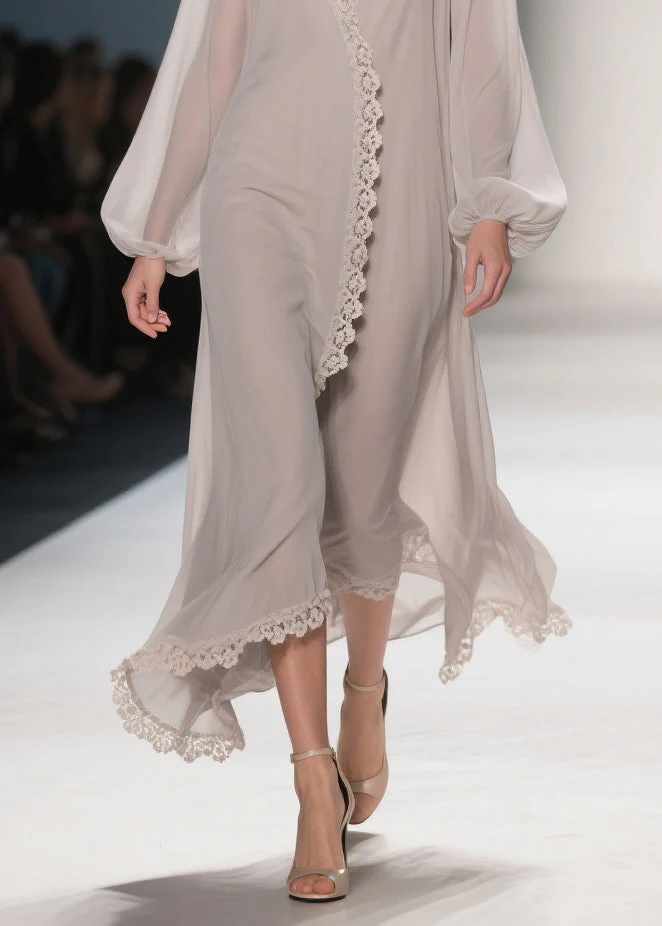 Apricot Lace Solid Chiffon Maxi Dresses V Neck - Image 4