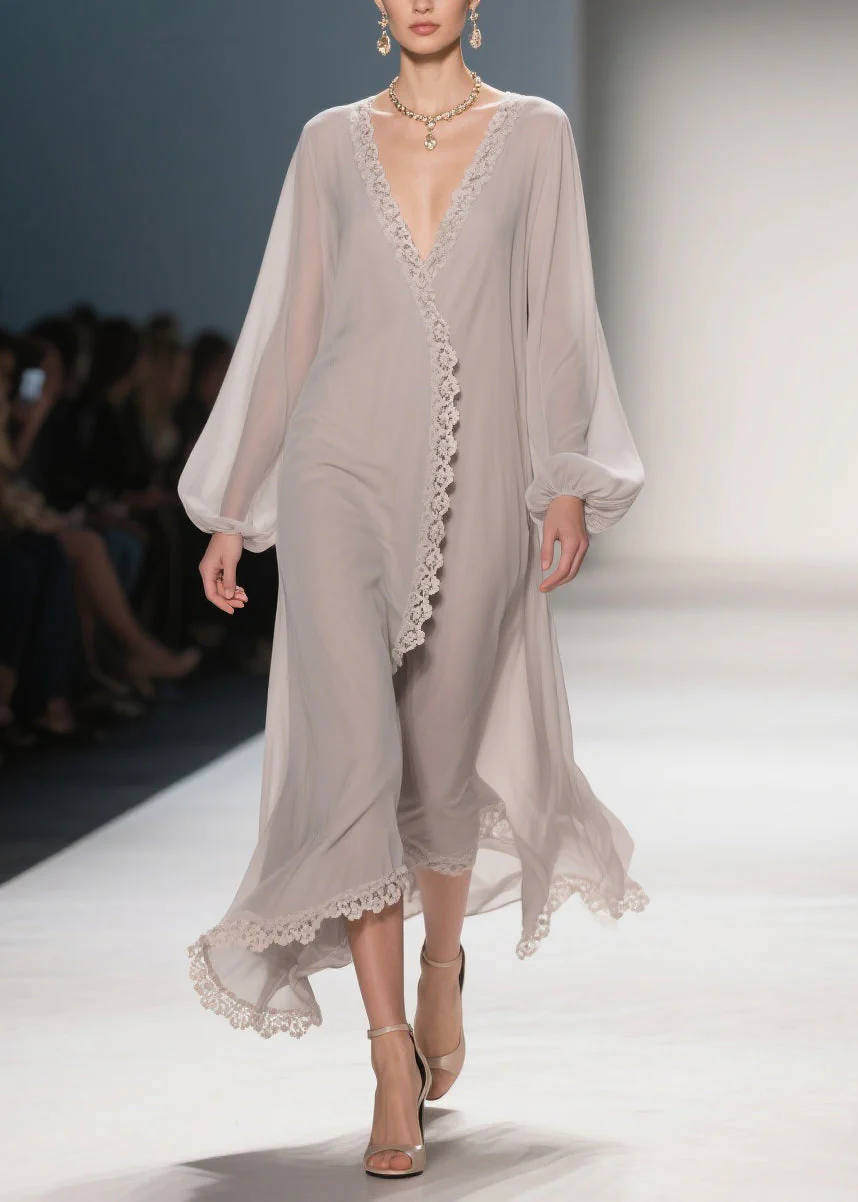 Apricot Lace Solid Chiffon Maxi Dresses V Neck - Image 5