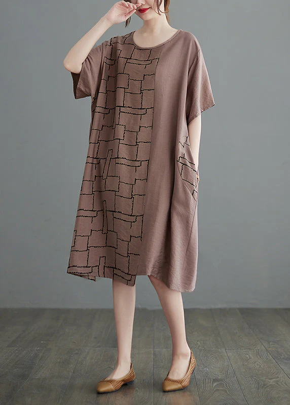 Apricot Loose Cotton Dress O-Neck Short Sleeve - Image 2