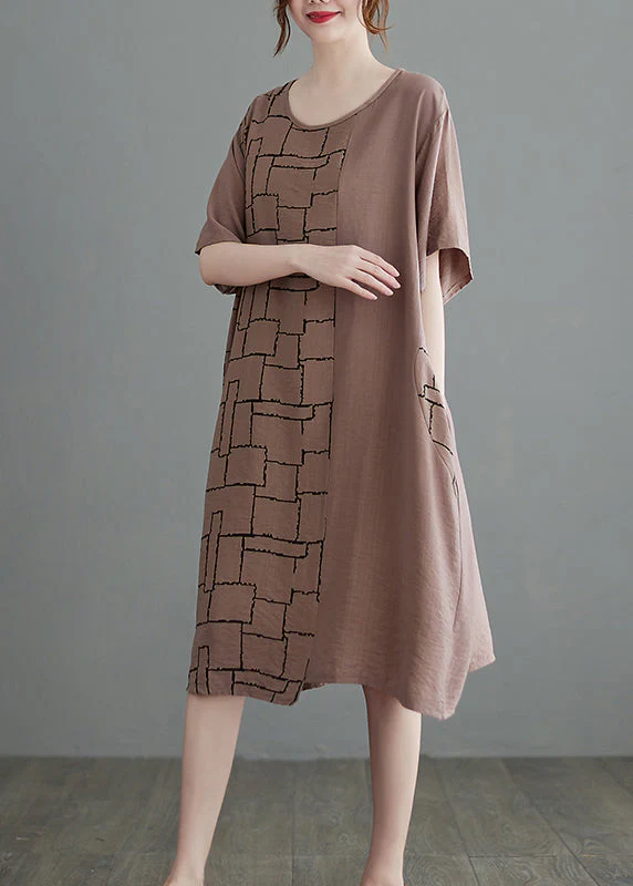 Apricot Loose Cotton Dress O-Neck Short Sleeve - Image 3