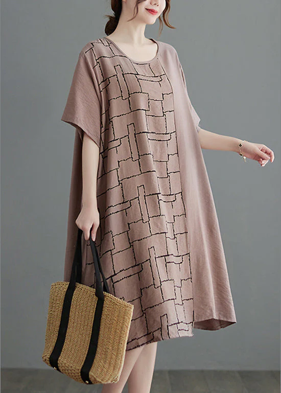 Apricot Loose Cotton Dress O-Neck Short Sleeve - Image 4