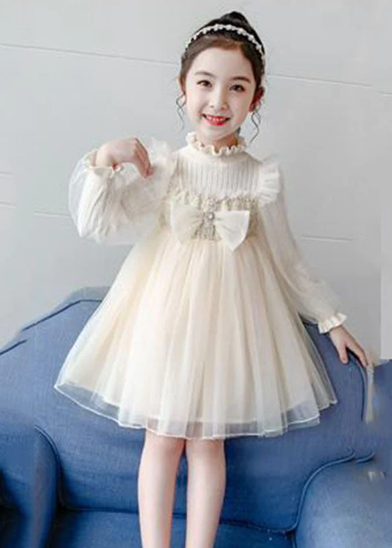 Apricot Nail bead Knit Patchwork Tulle Girls Long Dress Long Sleeve - Image 2