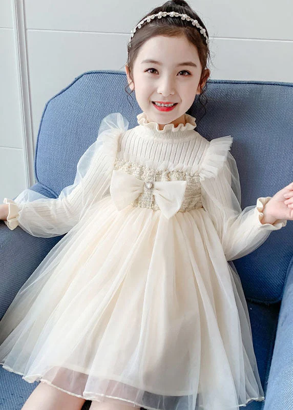 Apricot Nail bead Knit Patchwork Tulle Girls Long Dress Long Sleeve - Image 3