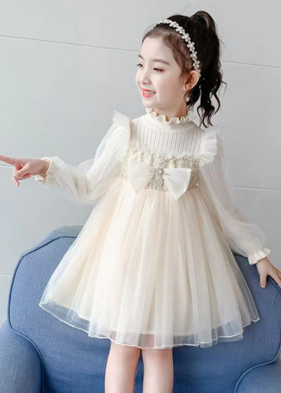 Apricot Nail bead Knit Patchwork Tulle Girls Long Dress Long Sleeve - Image 4