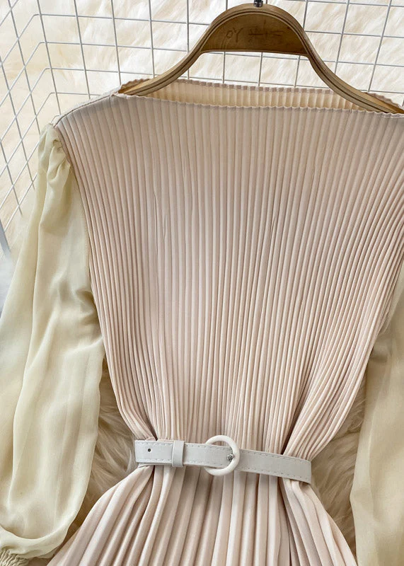 Apricot O-Neck Chiffon Sashes Long Pleated Dress Long Sleeve - Image 2