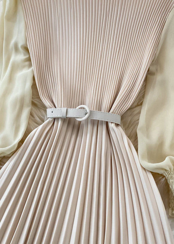 Apricot O-Neck Chiffon Sashes Long Pleated Dress Long Sleeve - Image 3