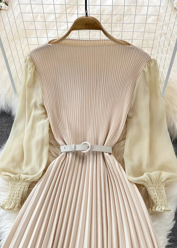 Apricot O-Neck Chiffon Sashes Long Pleated Dress Long Sleeve - Image 4