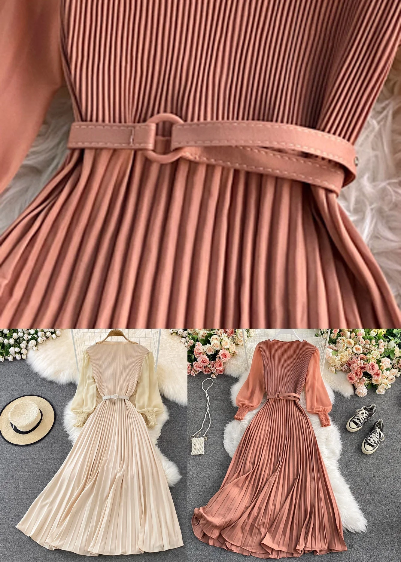 Apricot O-Neck Chiffon Sashes Long Pleated Dress Long Sleeve - Image 5
