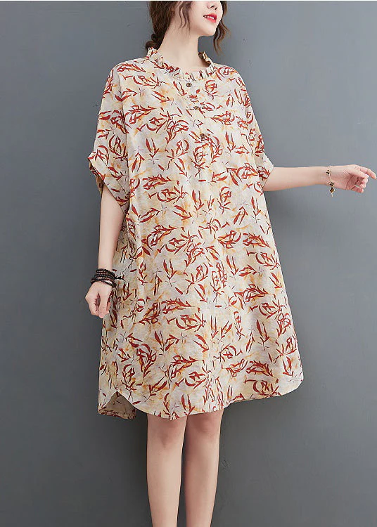 Apricot Patchwork Holiday Dress Button Ruffled Short Sleeve - Image 2