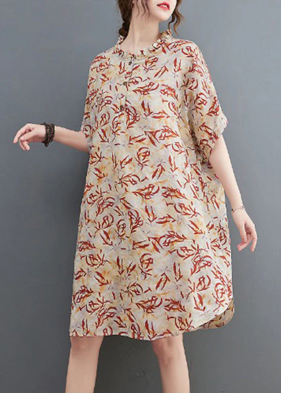 Apricot Patchwork Holiday Dress Button Ruffled Short Sleeve - Image 3