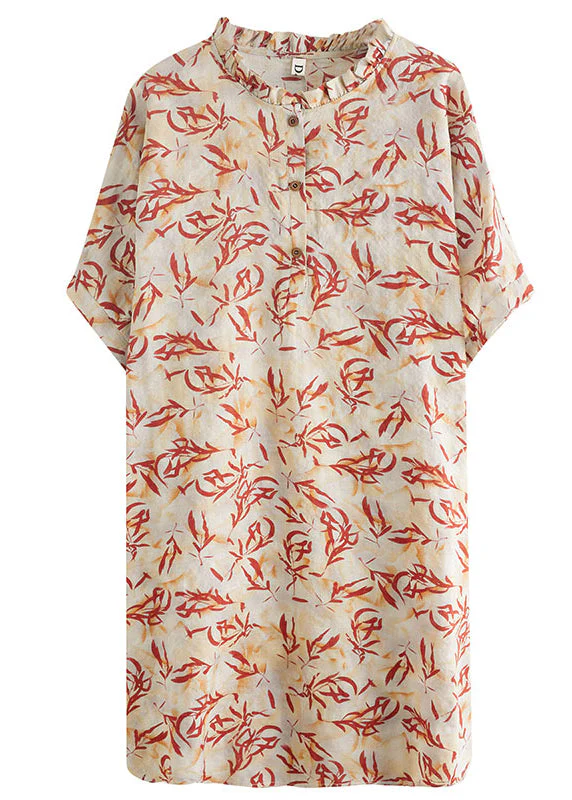Apricot Patchwork Holiday Dress Button Ruffled Short Sleeve - Image 4