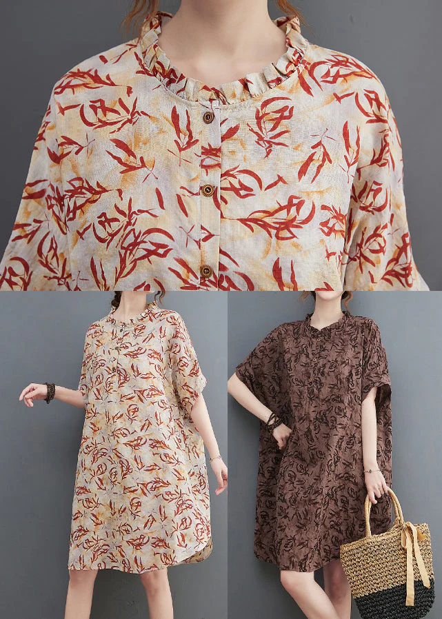 Apricot Patchwork Holiday Dress Button Ruffled Short Sleeve - Image 5