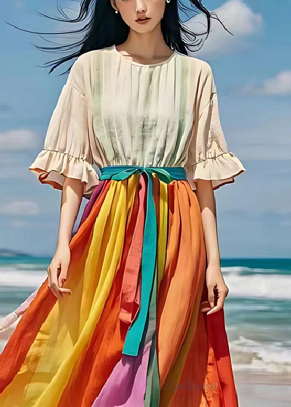 Apricot Patchwork Linen Long Dress Exra Large Hem Summer - Image 2