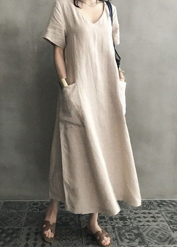 Apricot Patchwork Pockets Linen Dresses V Neck Summer - Image 3