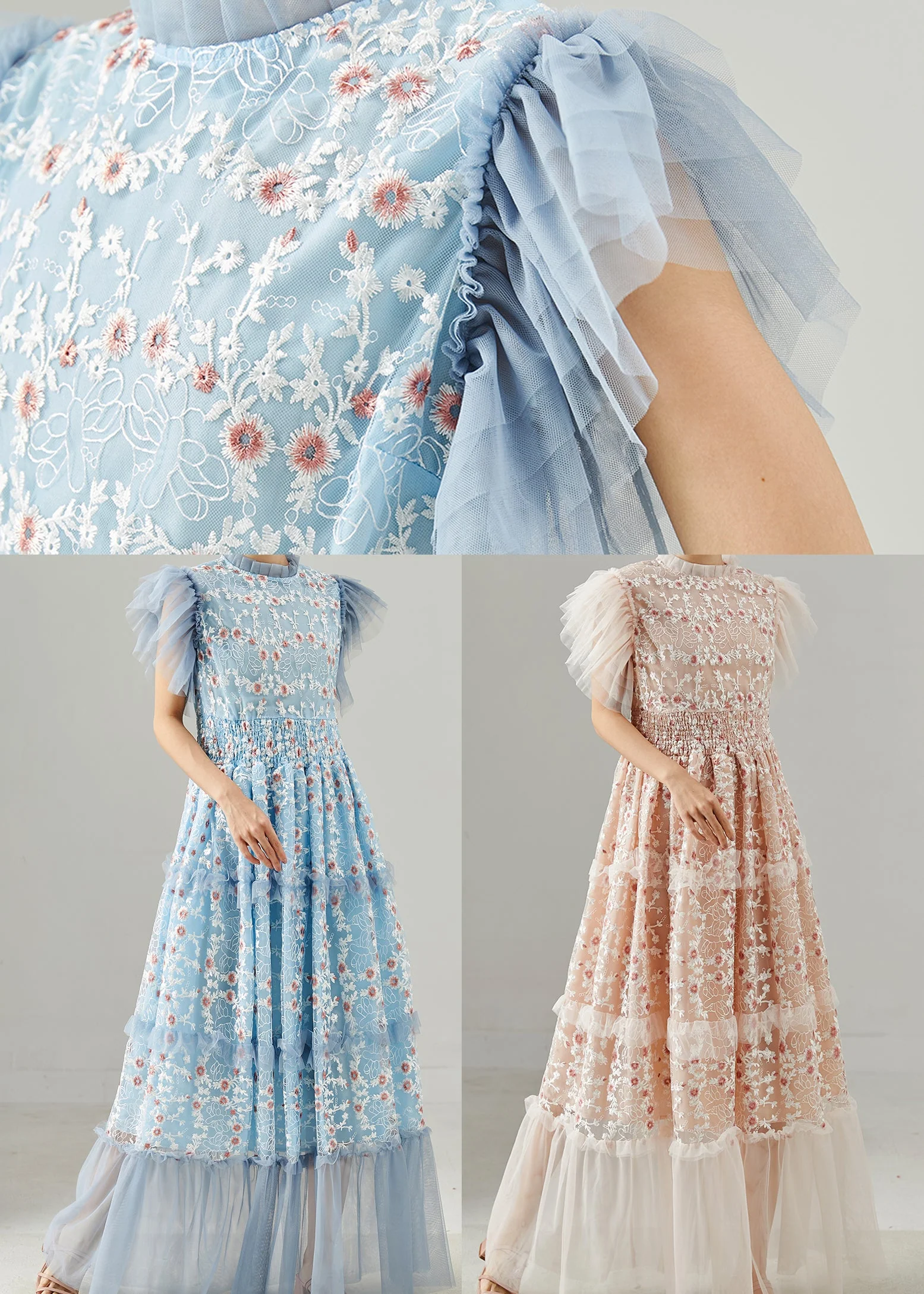 Apricot Patchwork Tulle Ankle Dress Embroidered Summer - Image 5