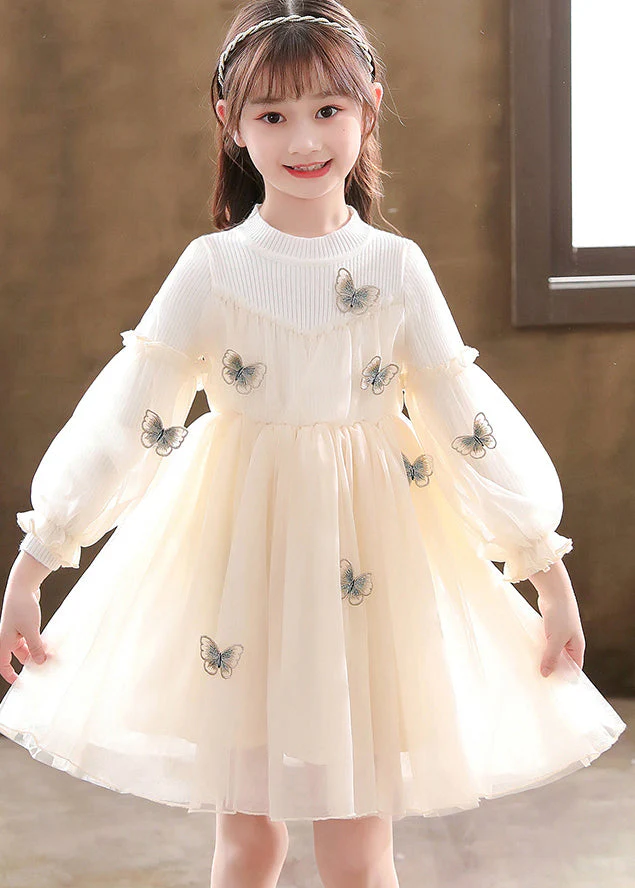 Apricot Patchwork Tulle Kids Girls Dresses Wrinkled Butterfly Fall - Image 2