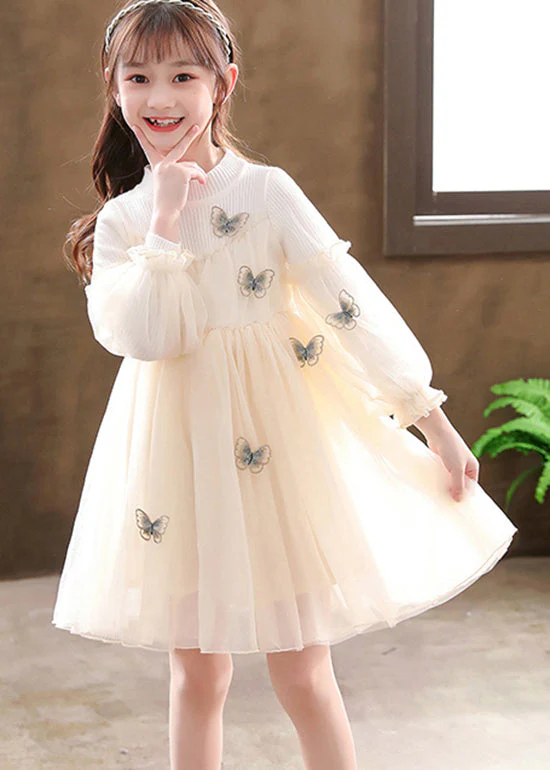 Apricot Patchwork Tulle Kids Girls Dresses Wrinkled Butterfly Fall - Image 3
