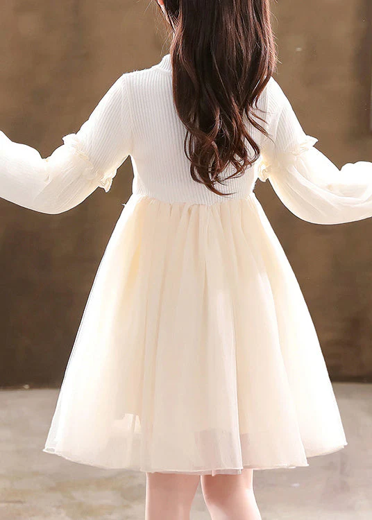 Apricot Patchwork Tulle Kids Girls Dresses Wrinkled Butterfly Fall - Image 4