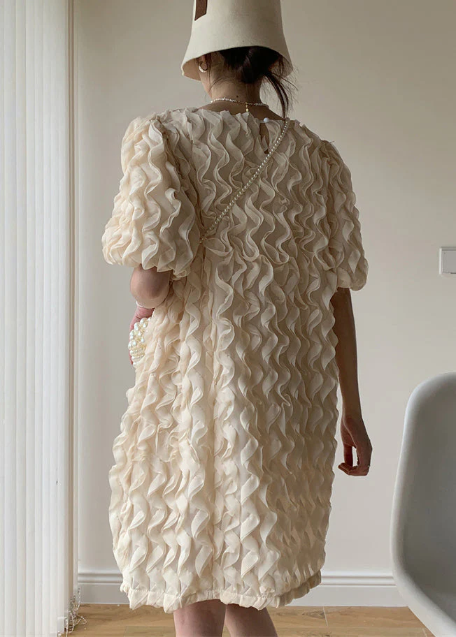 Apricot Patchwork Tulle Mid Dress Ruffled O-Neck Puff Sleeve - Image 4