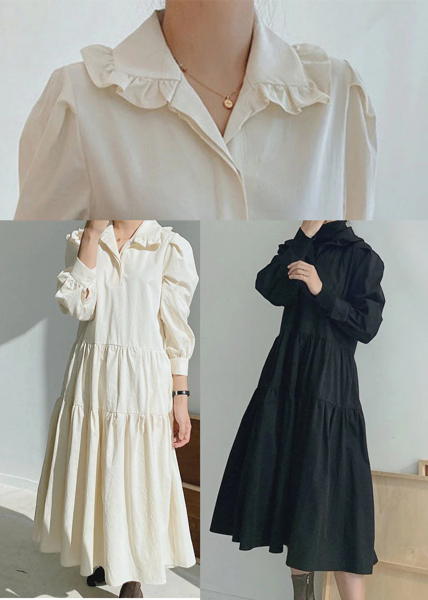 Apricot Peter Pan Collar Patchwork Cotton Long Dresses - Image 4