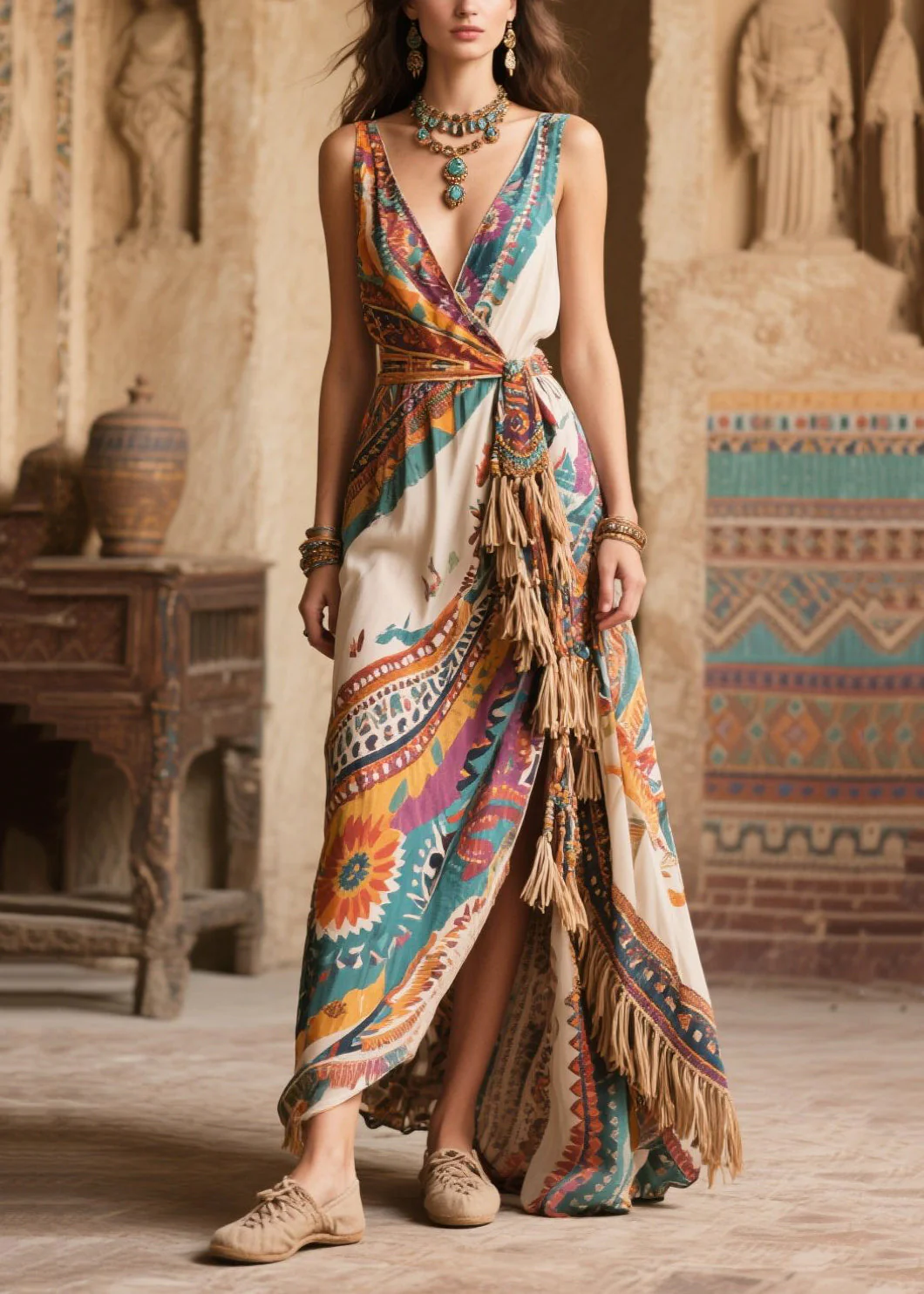 Apricot Print Chiffon Holiday Dress Tasseled Exra Large Hem Summer