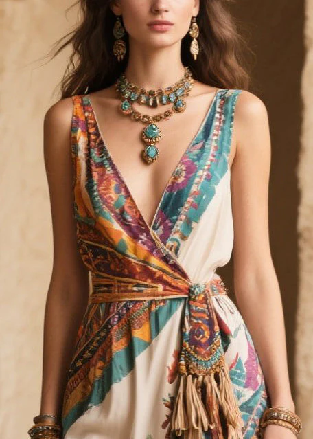 Apricot Print Chiffon Holiday Dress Tasseled Exra Large Hem Summer - Image 2