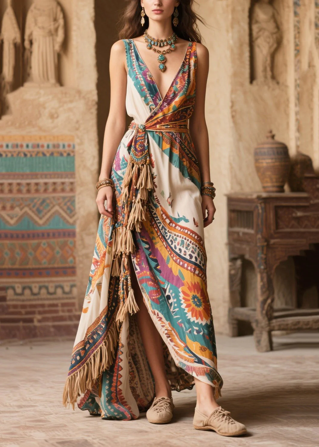 Apricot Print Chiffon Holiday Dress Tasseled Exra Large Hem Summer - Image 3