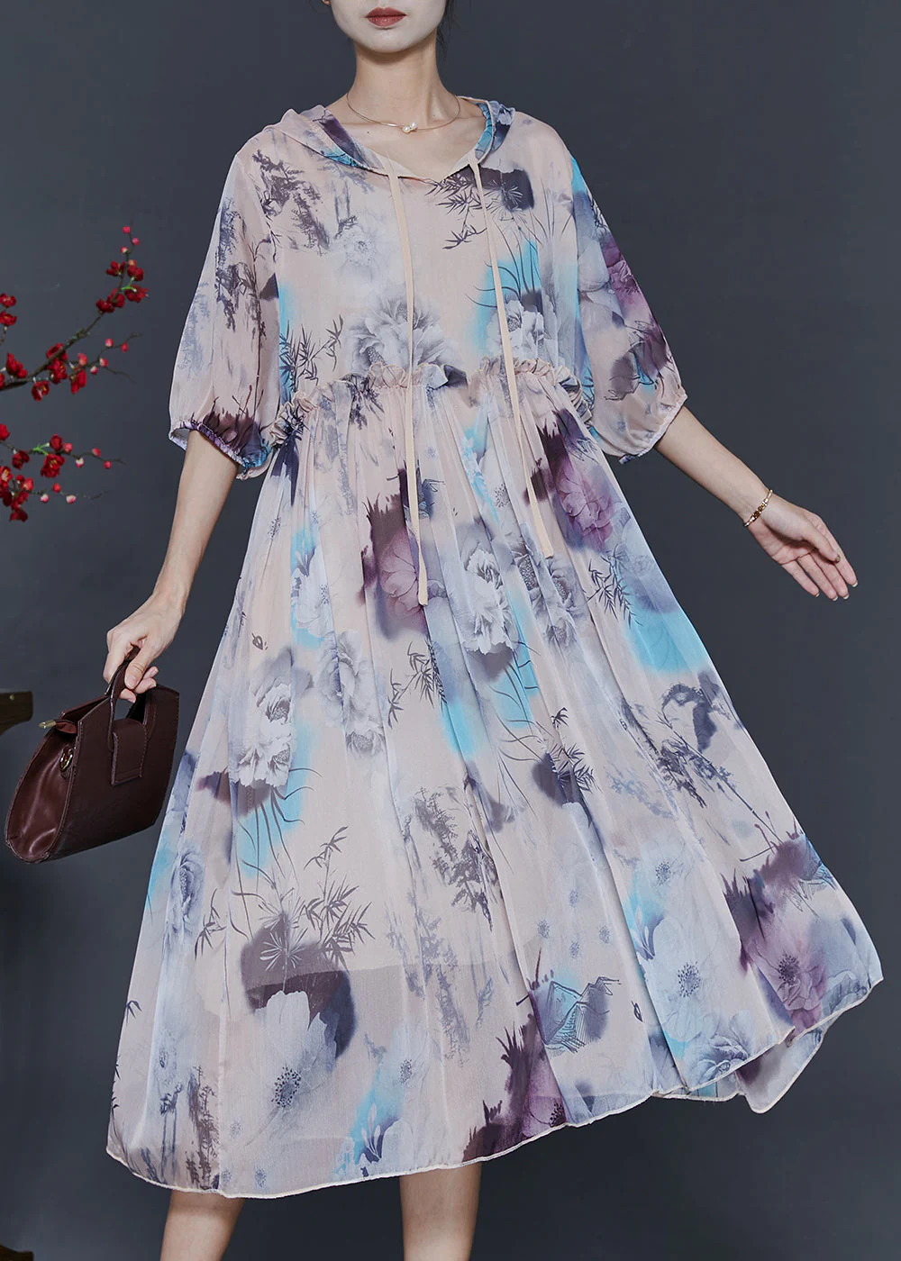 Apricot Print Chiffon Hoodie Dress Ruffled Summer - Image 2