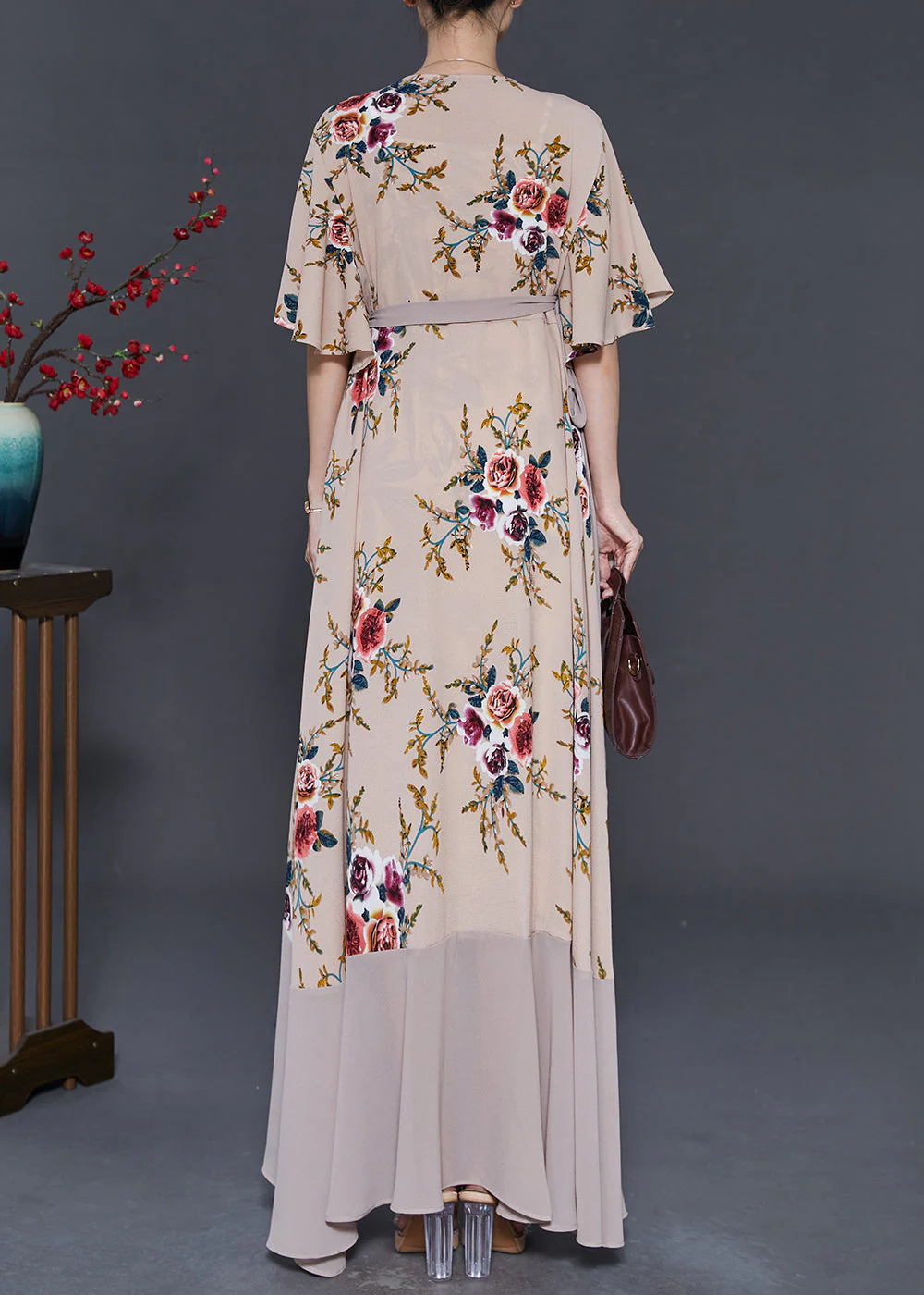 Apricot Print Chiffon Long Dresses Exra Large Hem Cloak Sleeves - Image 4