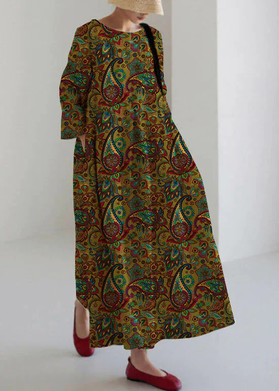 Apricot-Print1 Cotton Dresses Pockets Patchwork Spring - Image 10