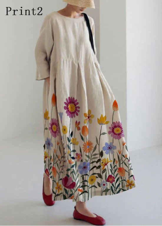 Apricot-Print1 Cotton Dresses Pockets Patchwork Spring - Image 12