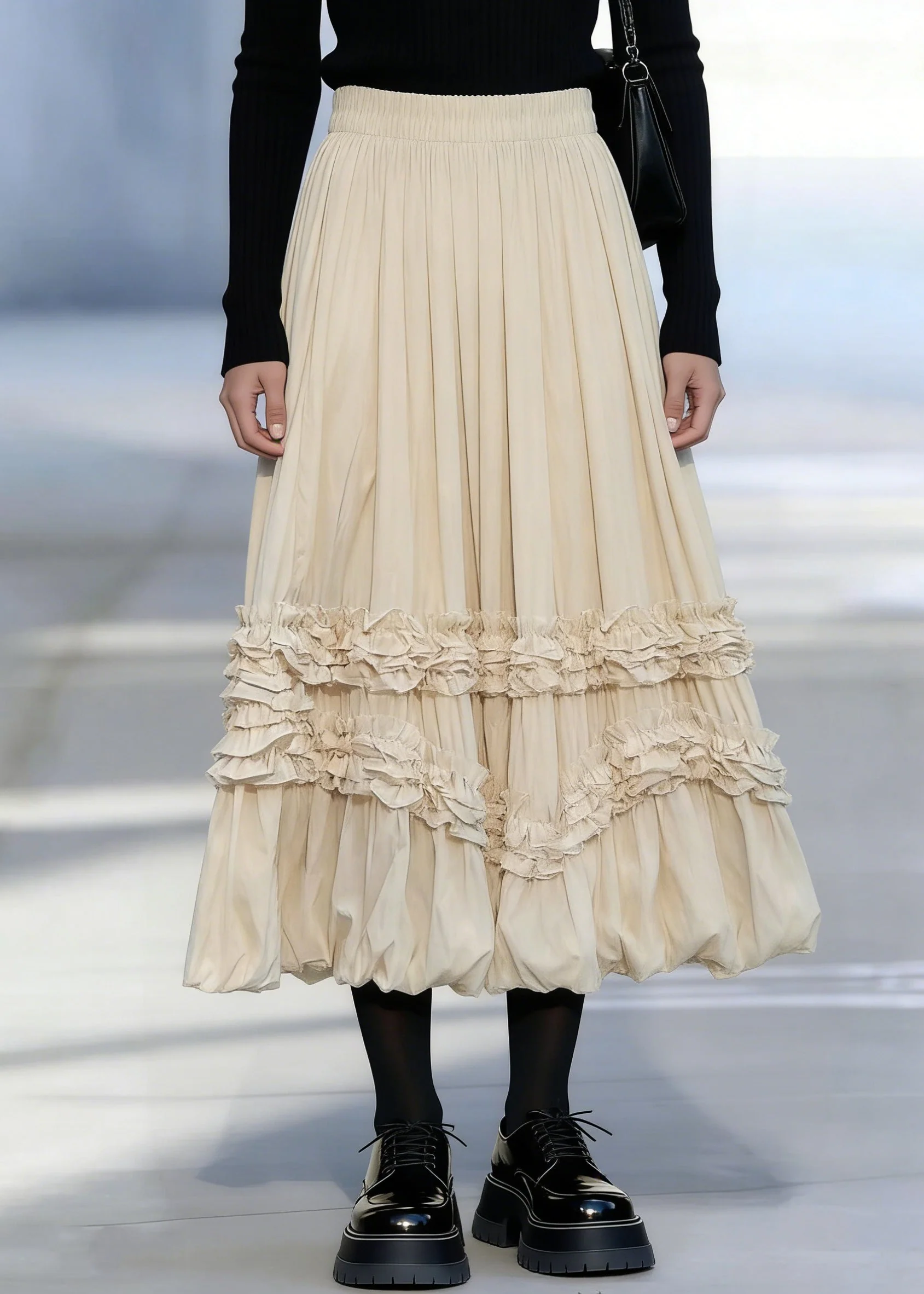 Apricot Ruffled Patchwork Elastic Waist Maxi Skirts - Image 3