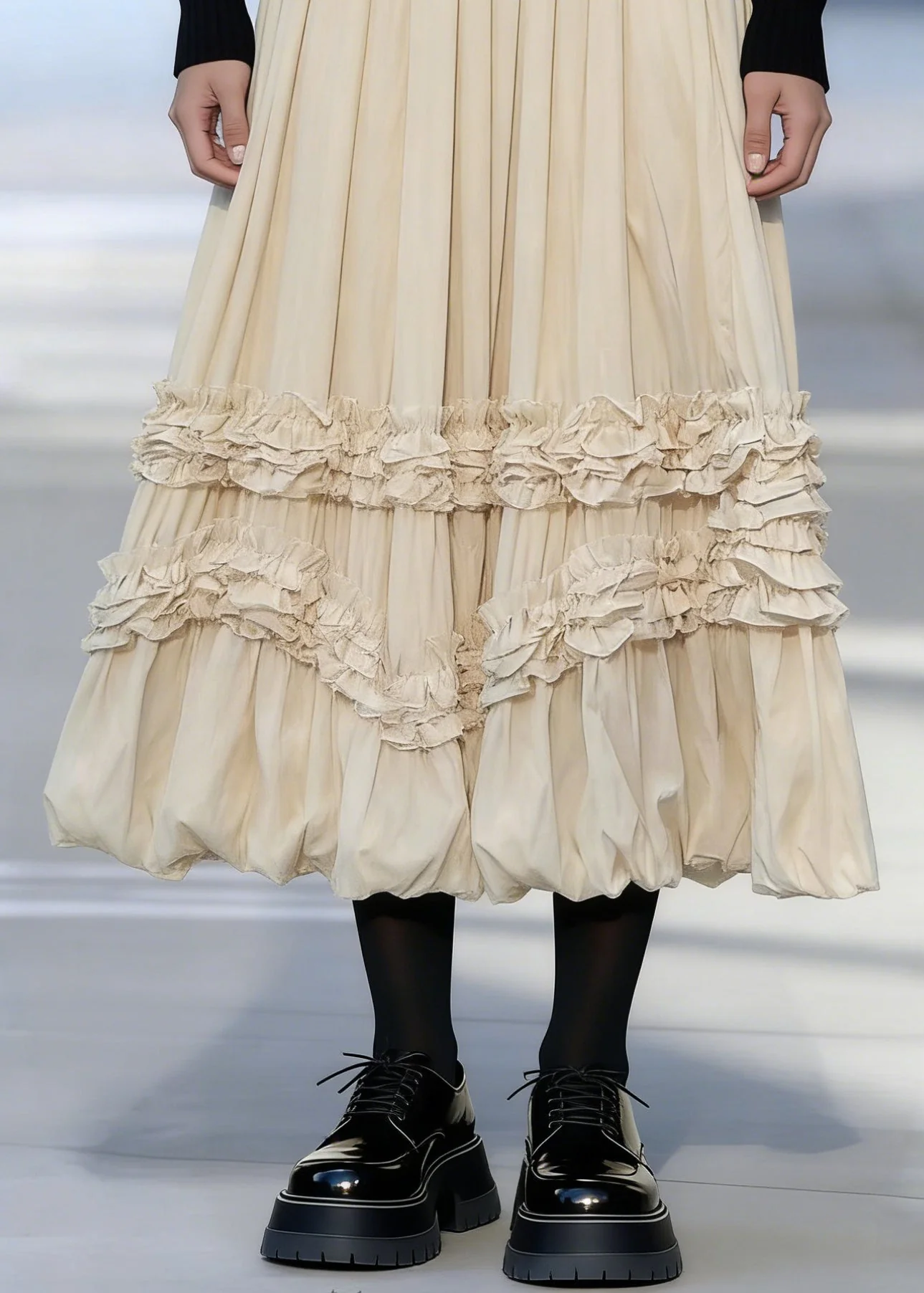 Apricot Ruffled Patchwork Elastic Waist Maxi Skirts - Image 4