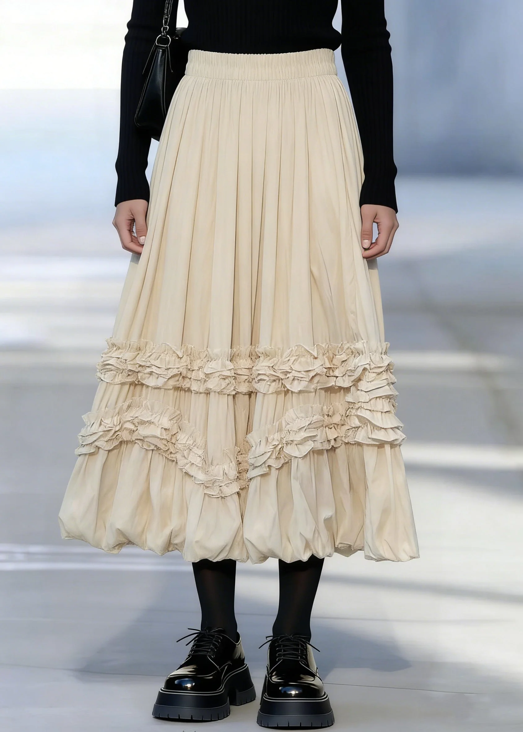 Apricot Ruffled Patchwork Elastic Waist Maxi Skirts - Image 5