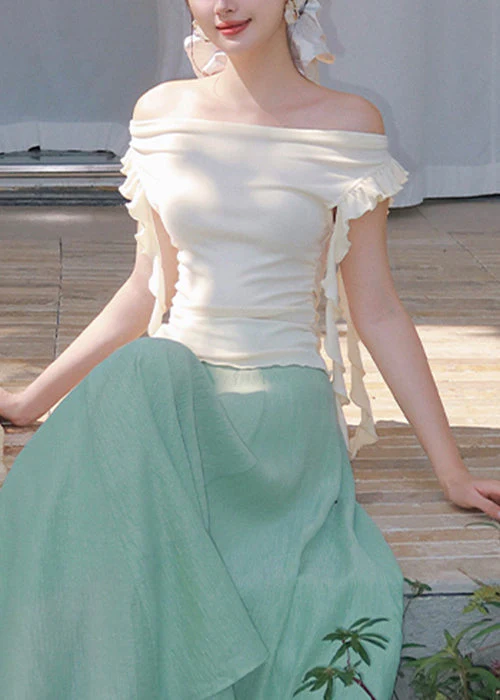 Apricot Ruffled Solid Cotton T Shirt Top Slash Neck - Image 2